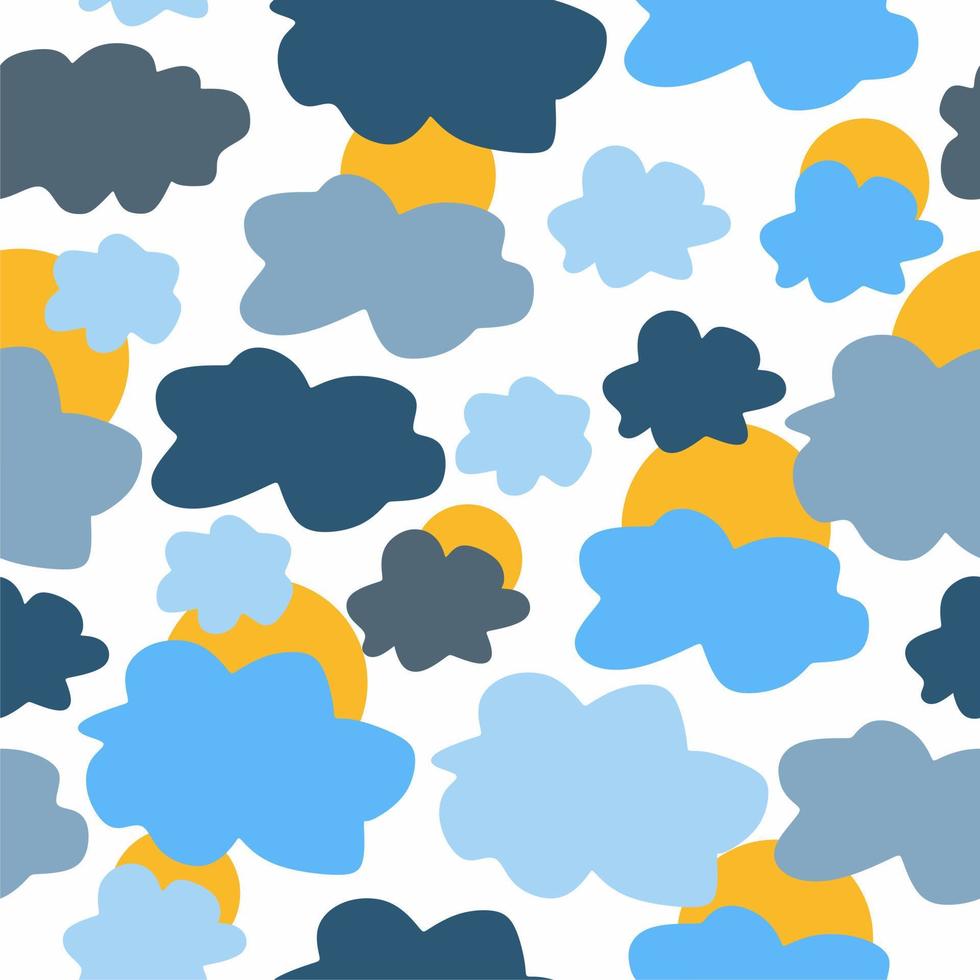 padrão de céu sem emenda dos desenhos animados. doodle nuvens e sóis. impressão, têxtil, tecido, papel de embrulho. formas abstratas. natureza. cores azul e amarelo. vetor