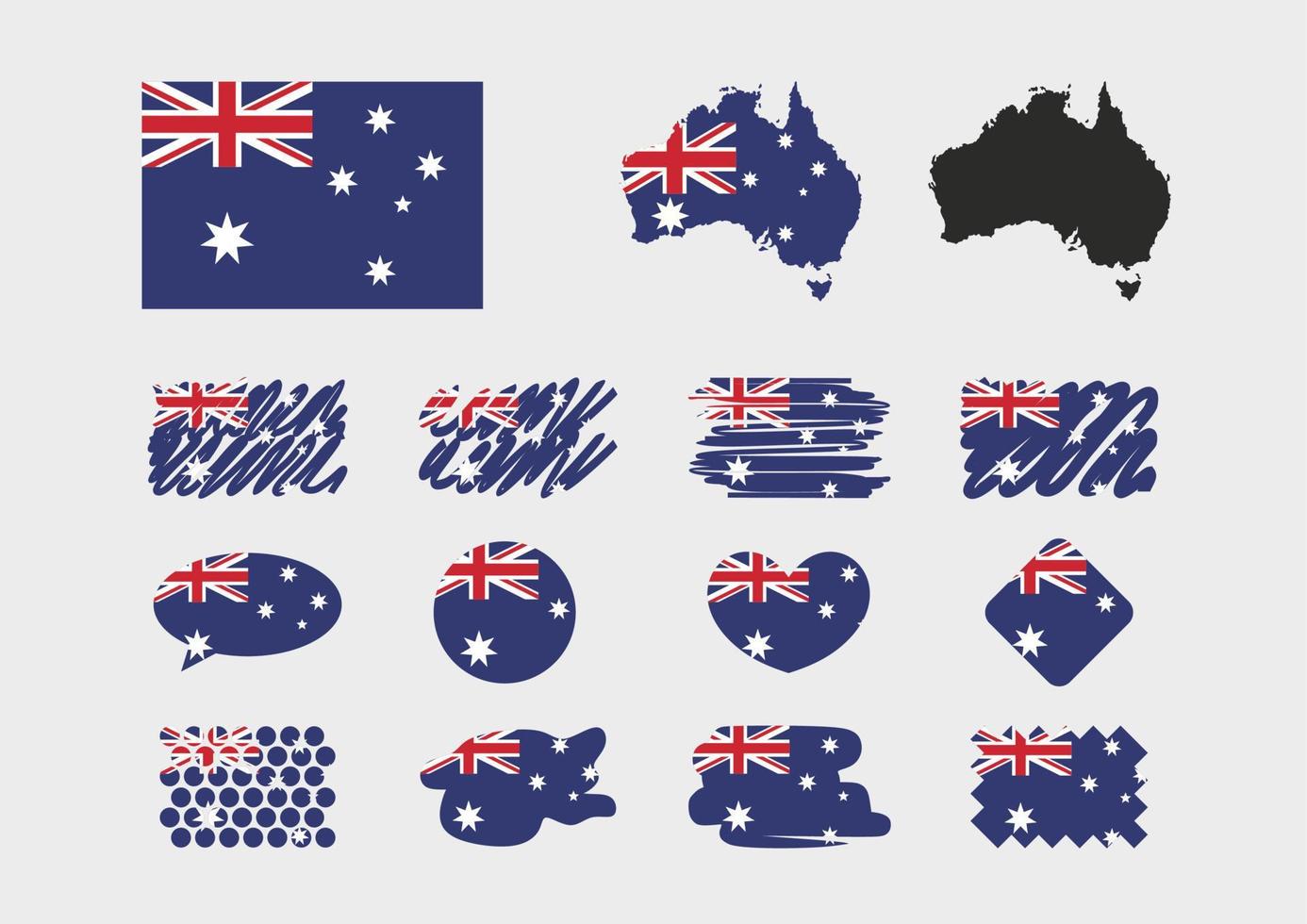 austrália bandeira ilustração pincelada e bandeiras desenhadas à mão da austrália isoladas no fundo branco. símbolos vetoriais planos. coração, falar ícone, losango, mapa, botão. cores azuis, vermelhas. estrelas brancas. vetor