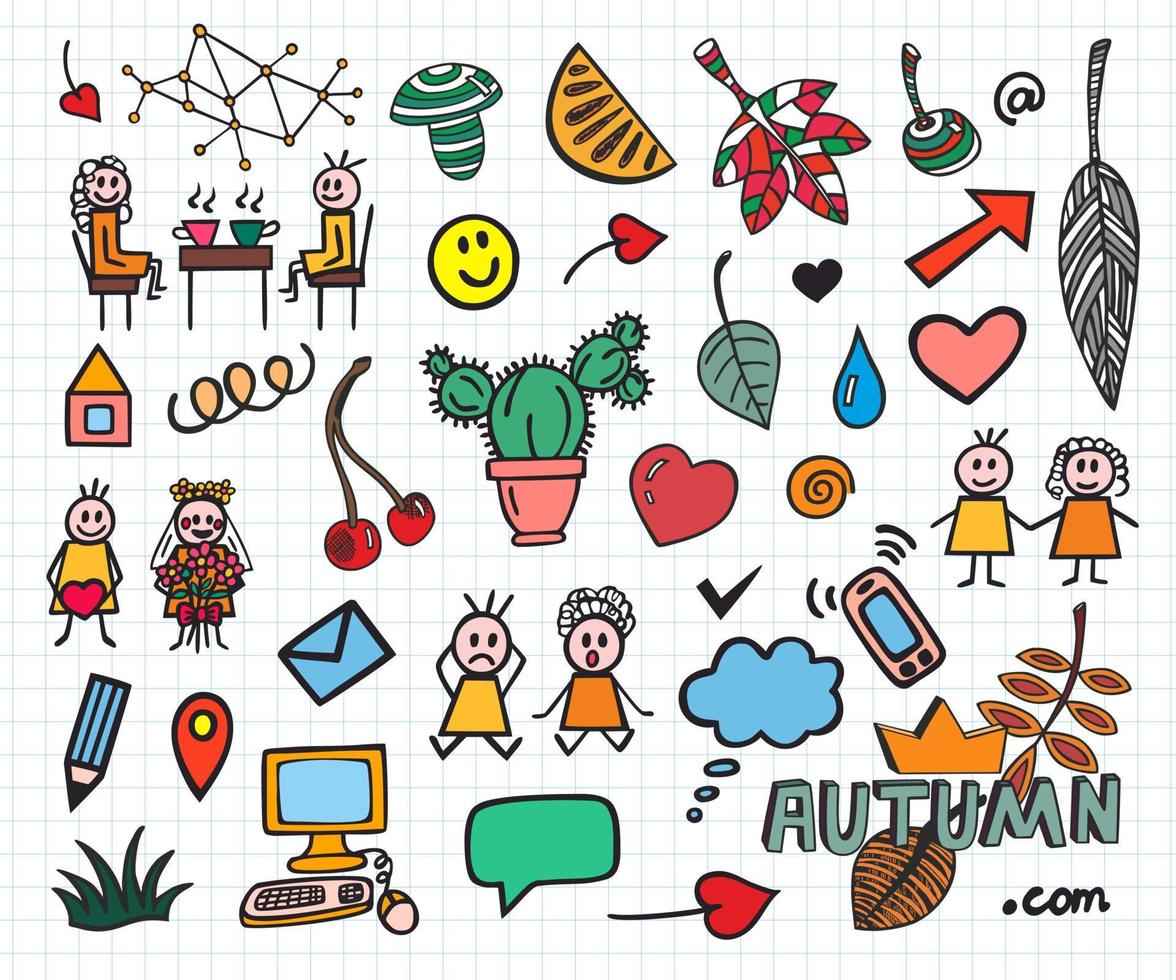 conjunto de diferentes desenhos de esboço doodle colorido. vetor