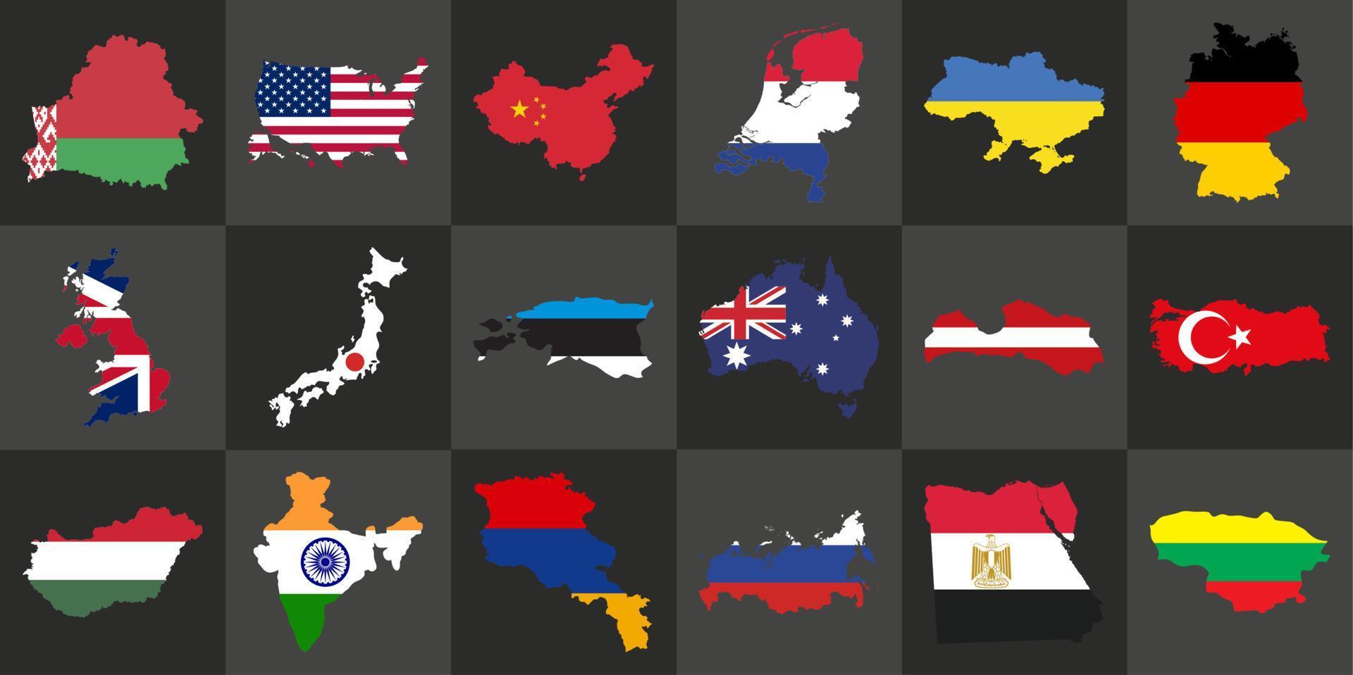 mapas vetoriais detalhados dos países do mundo. bandeira colorida. padrão de xadrez. vetor