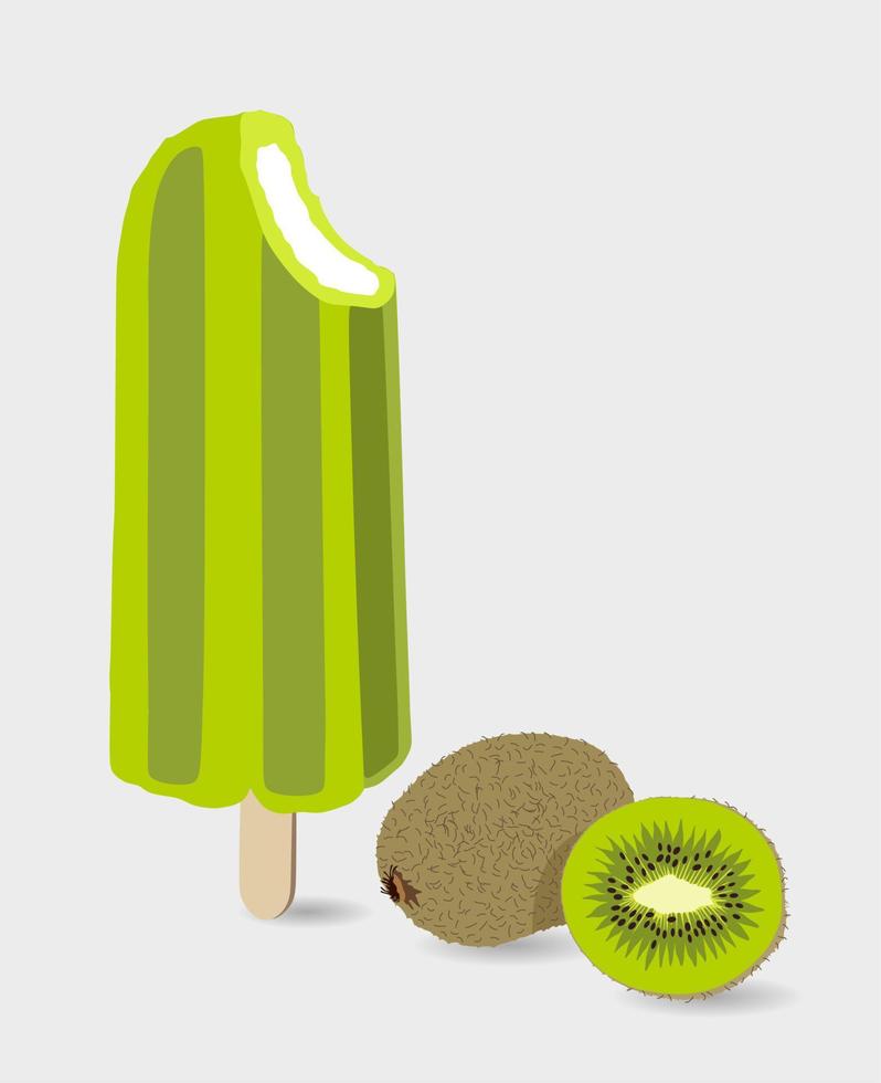 ilustração vetorial de ícone de sorvete congelado com kiwi inteiro e meio kiwi. cores verde e marrom. vetor