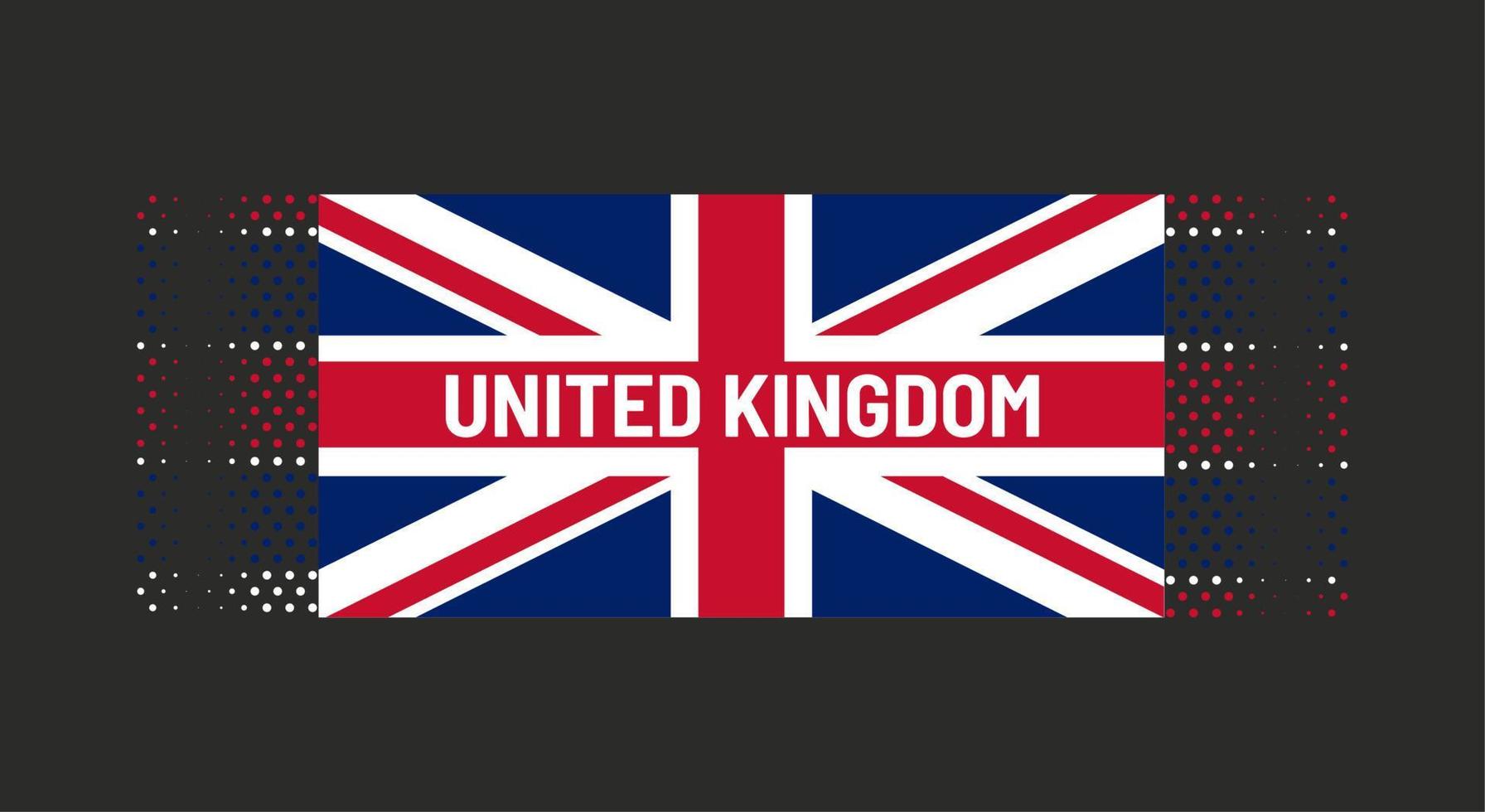 ilustração em vetor bandeira do reino unido com palavras reino unido em fundo preto. pano de fundo pontilhado. cores azul, vermelho, branco.
