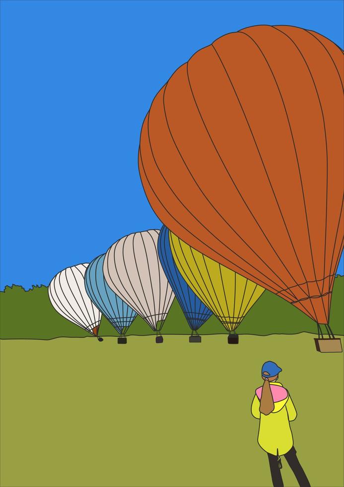 fundo retrô com balões de ar coloridos e terra verde. vetor. a garota está assistindo balões de ar. laranja, verde, azul, amarelo, cinza, cores brancas. céu azul. grama verde e floresta. vetor