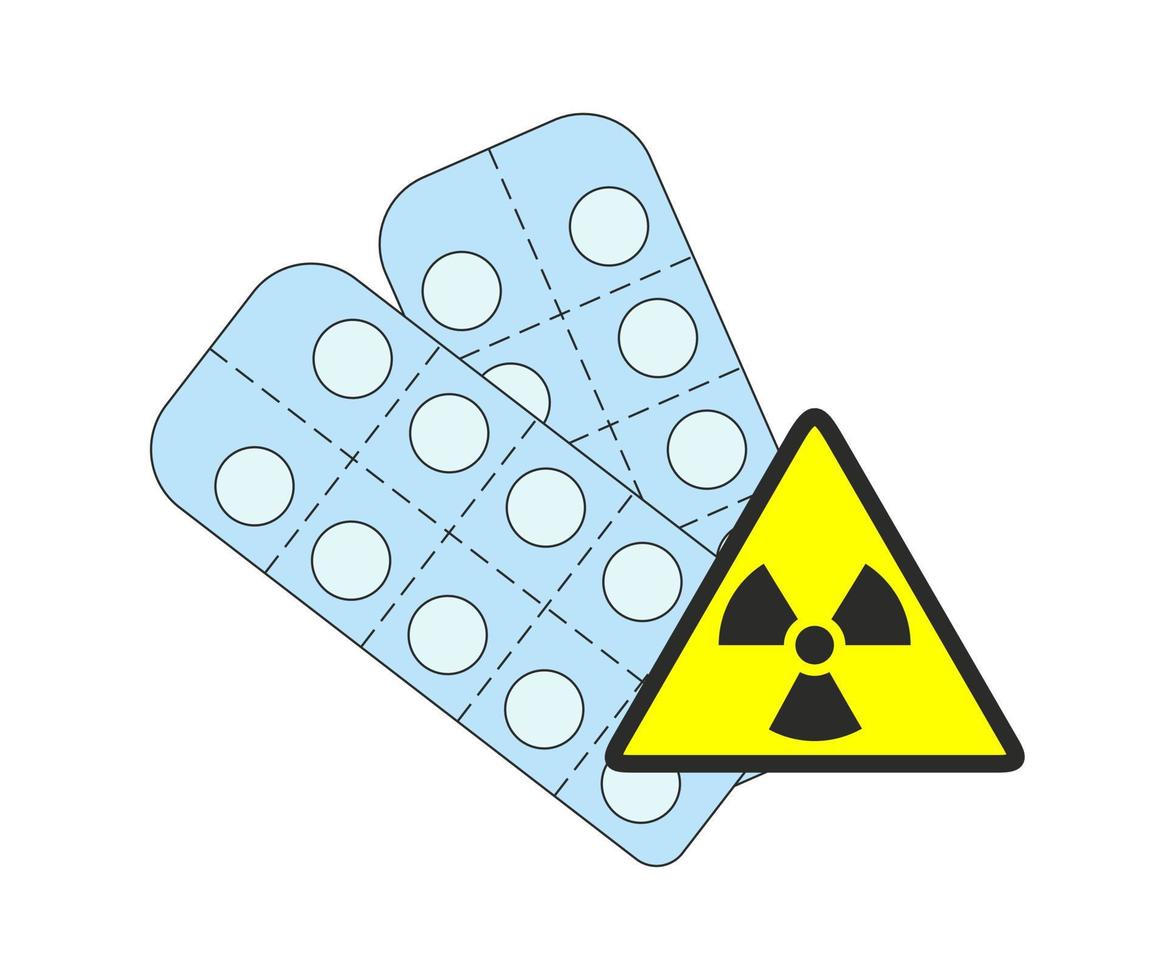 pílulas de radiação. símbolo amarelo perigoso. pílulas anti-radiação, comprimidos de iodo. comprimido de iodo de potássio que protege contra os perigos da exposição acidental à radioatividade. ameaças nucleares. vetor