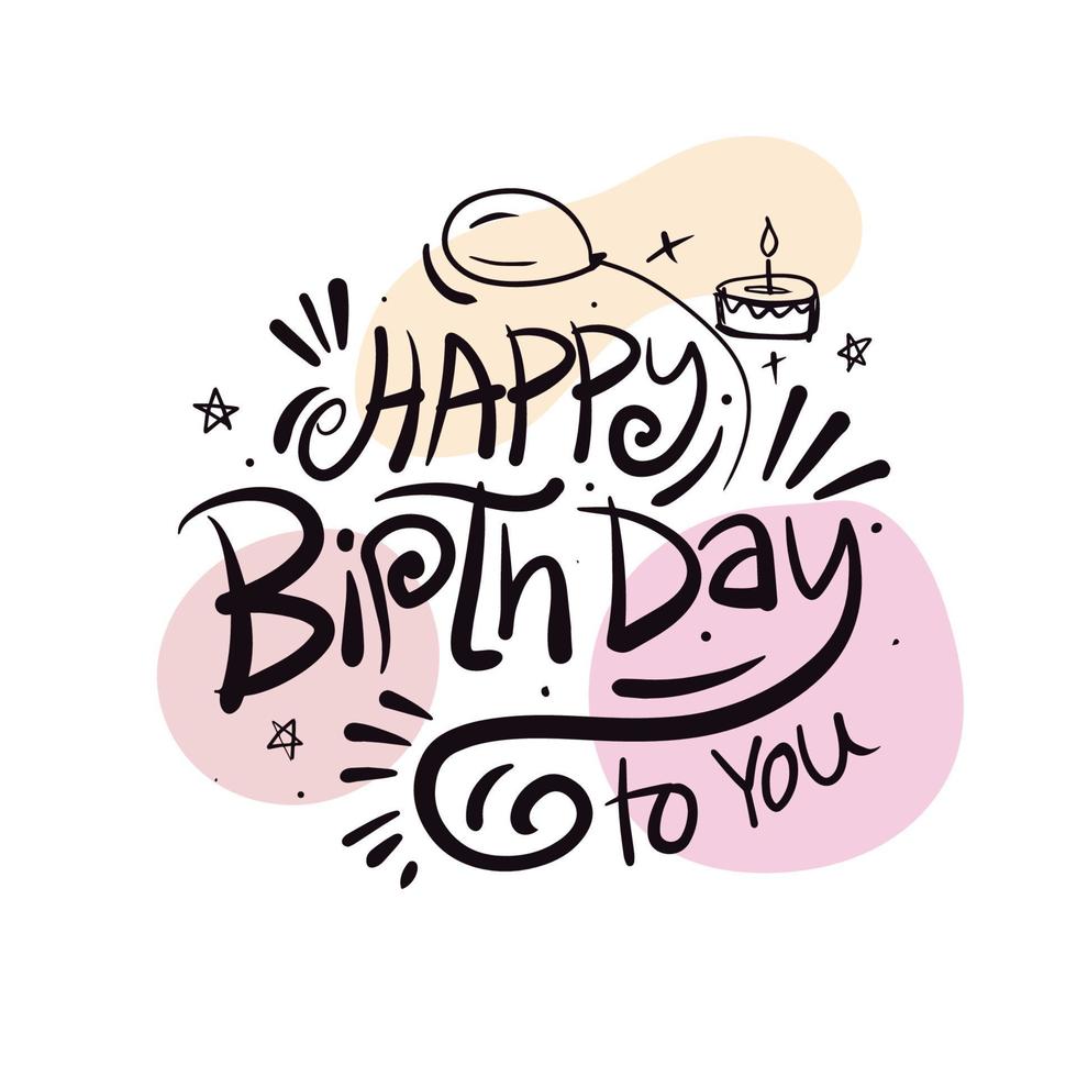letras de feliz aniversário desenhadas à mão com balões, confetes, bolo e velas em fundo colorido. feliz aniversário lindo cartão vector design de t-shirt.