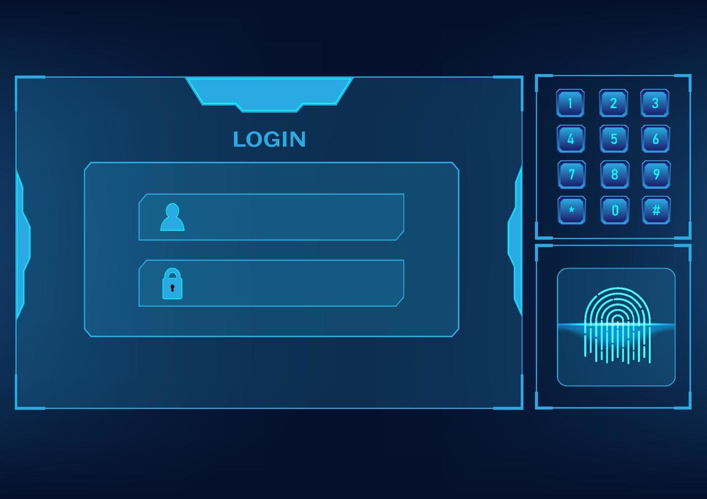 a tecnologia de tela abstrata possui um teclado numérico e sistema de segurança com digitalização de impressão digital para login no sistema em um fundo gradiente azul vetor