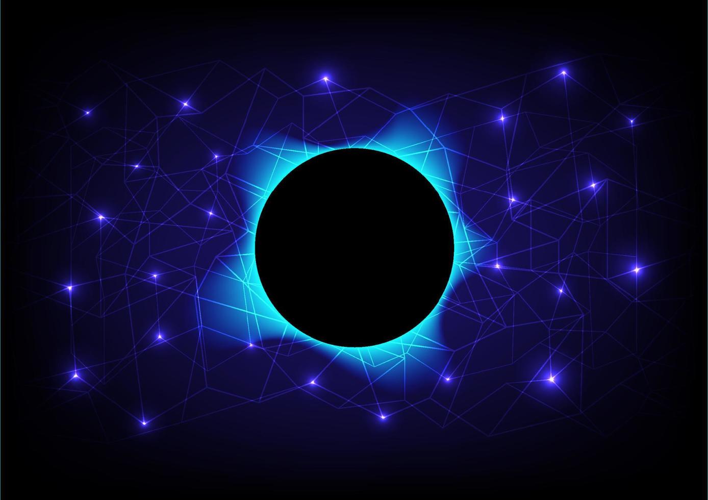 geometria esférica de fundo abstrato, com uma bela aura azul, localizada no wireframe, com espaço de pontos brilhantes no centro do círculo em um fundo preto vetor