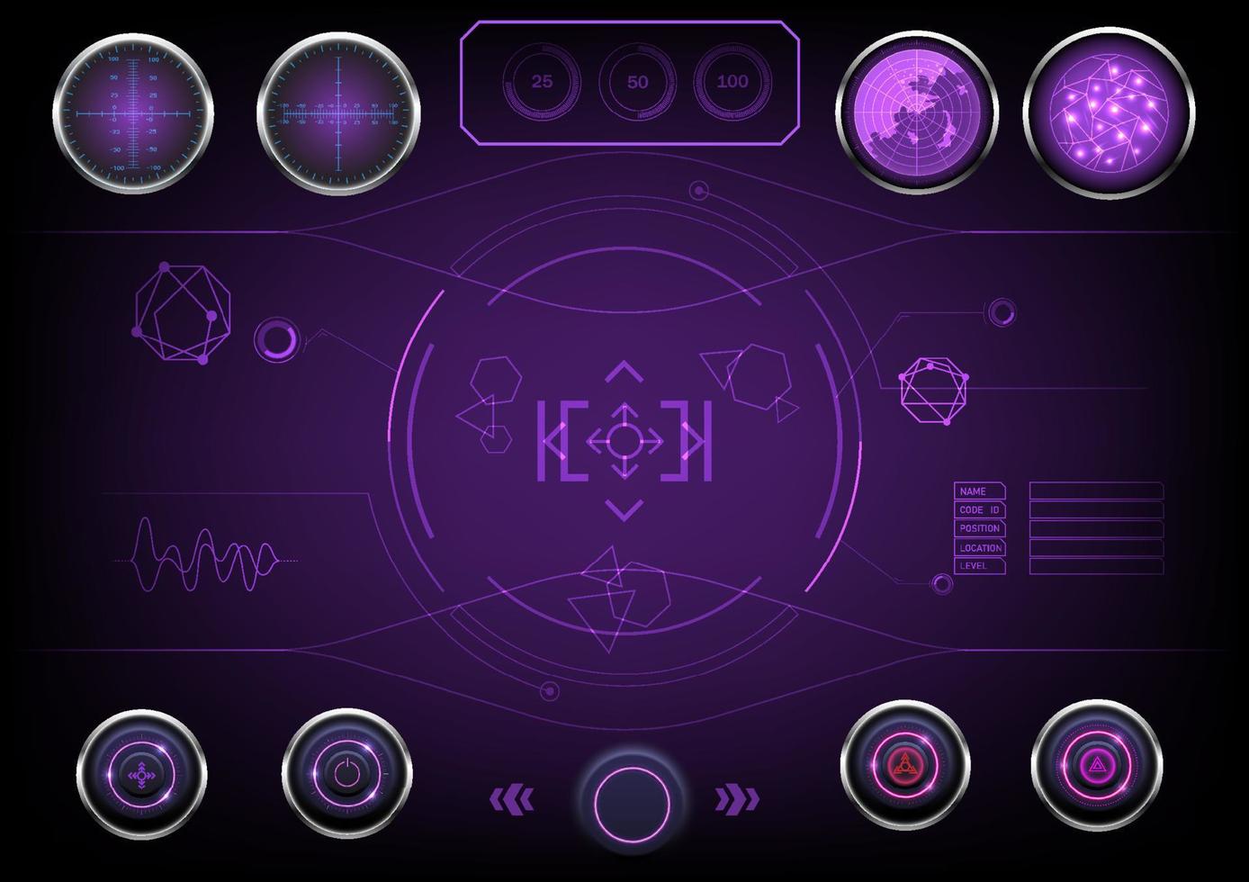 tela abstrata roxo de alta tecnologia há um medidor de altura circular. radar e controle de botão e botão aberto. círculo central de cartão quadrado com alvo e elemento vetor