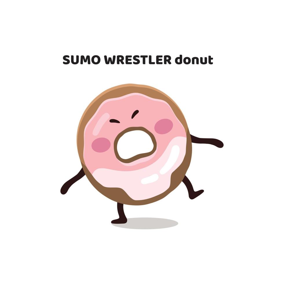 adesivo de personagem de desenho animado vetorial engraçado, ilustração, mascote, ícone, emoji de rosquinha de lutador de sumô com vidro rosa vetor
