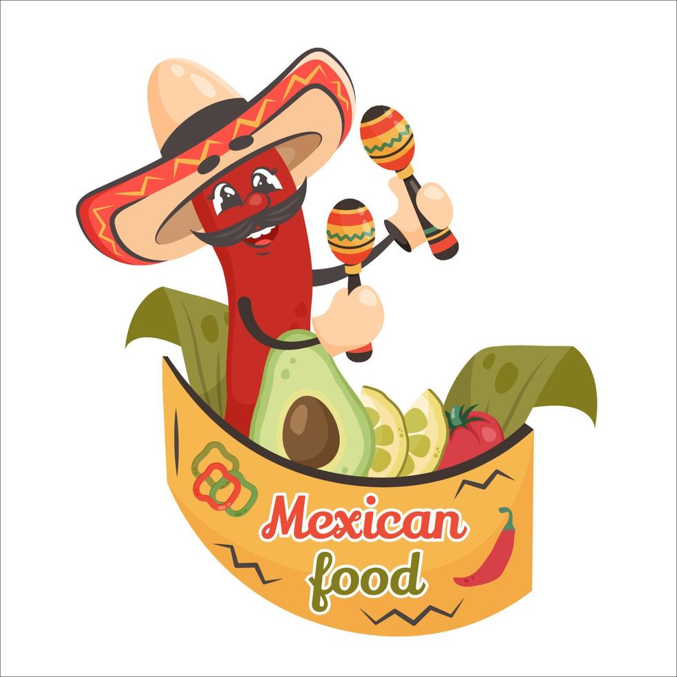 pimenta vermelha de personagem cômica fofa com legumes e maracas. comida mexicana. doodle ilustração vetorial desenhada para pratos, menu, cartaz, flyer, banner, entrega, conceito de cozinha vetor