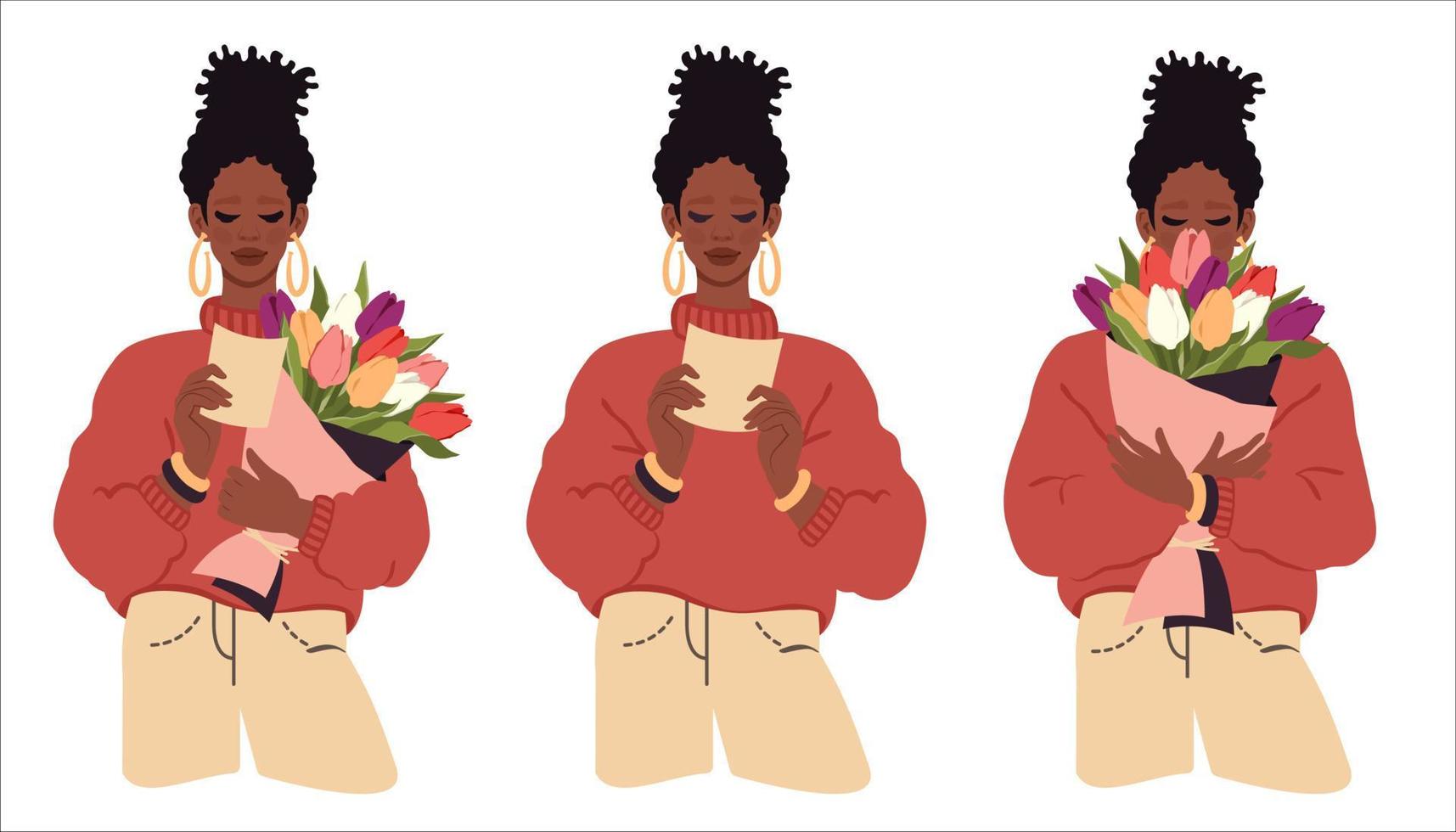 conjunto de jovens mulheres negras bonitas. garota africana em roupas da moda recebeu entrega de flores, lê mensagem romântica. amor, aniversário, conceito romântico, dia dos namorados, dia da mulher. vetor