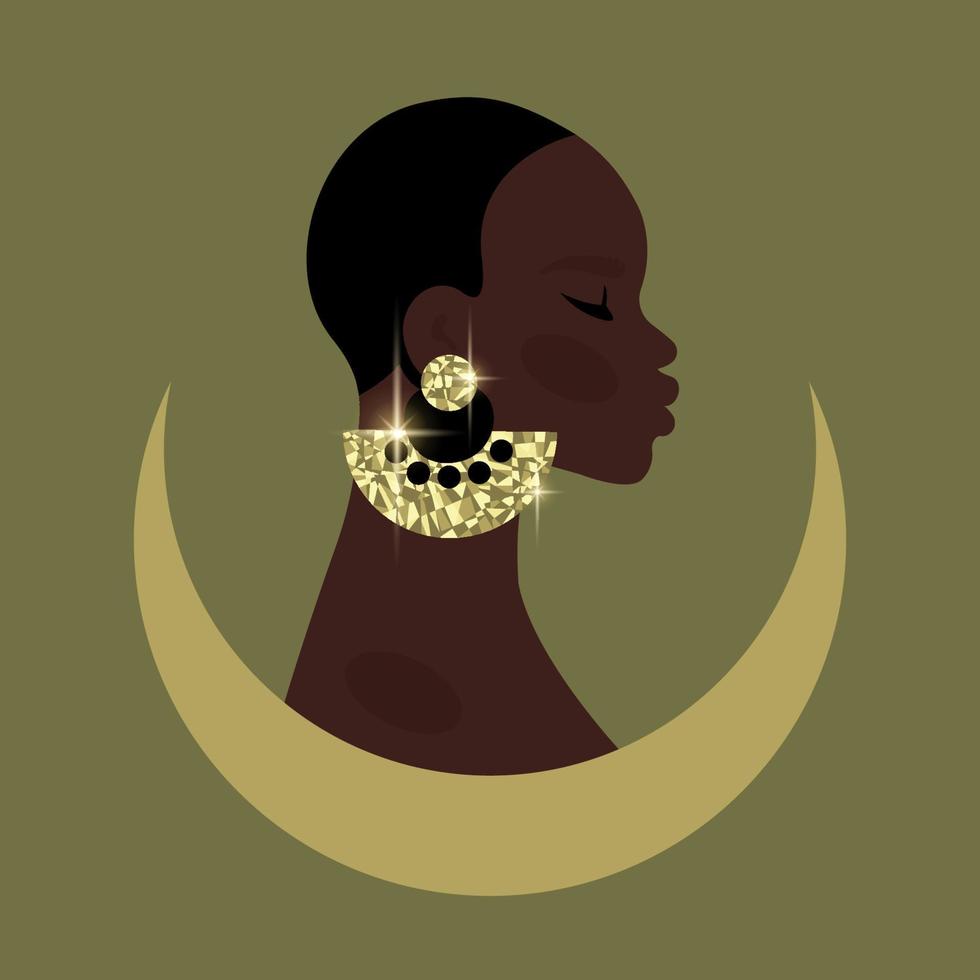 jovem e bela mulher negra. retrato de menina africana com cabelo curto, brincos de mosaico de ouro e lua. arte do retrato. vista lateral. ilustração vetorial plana para avatar, moda, indústria da beleza, joias vetor