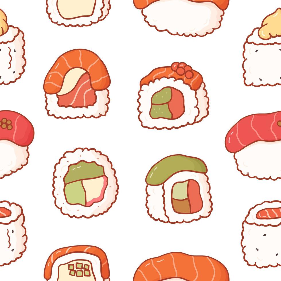 padrão sem emenda com doodle sushi e pãezinhos. comida asiática de impressão colorida em estilo cartoon para capa de telefone, planos de fundo, moda, papel de embrulho e têxtil. vetor