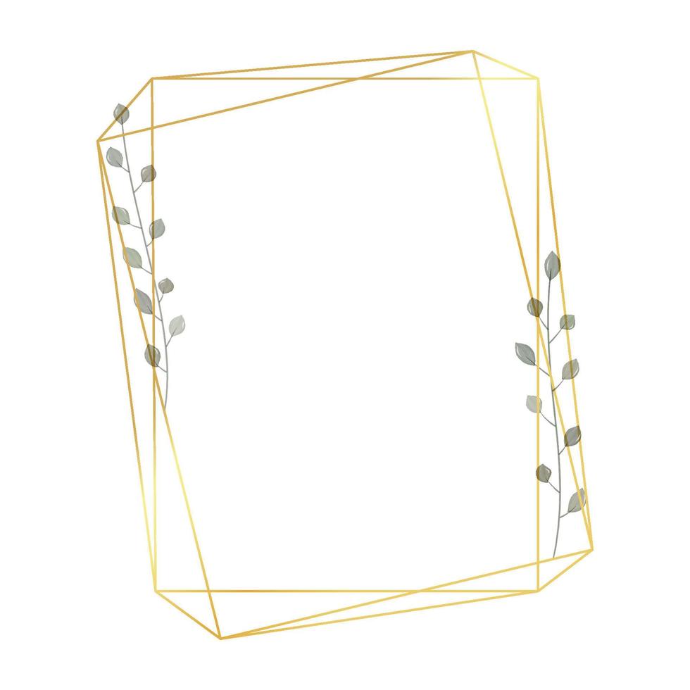 moldura geométrica dourada com folhas em estilo aquarela. borda poligonal de luxo para decoração do dia dos namorados, convites de casamento, cartões comemorativos. ilustração vetorial vetor
