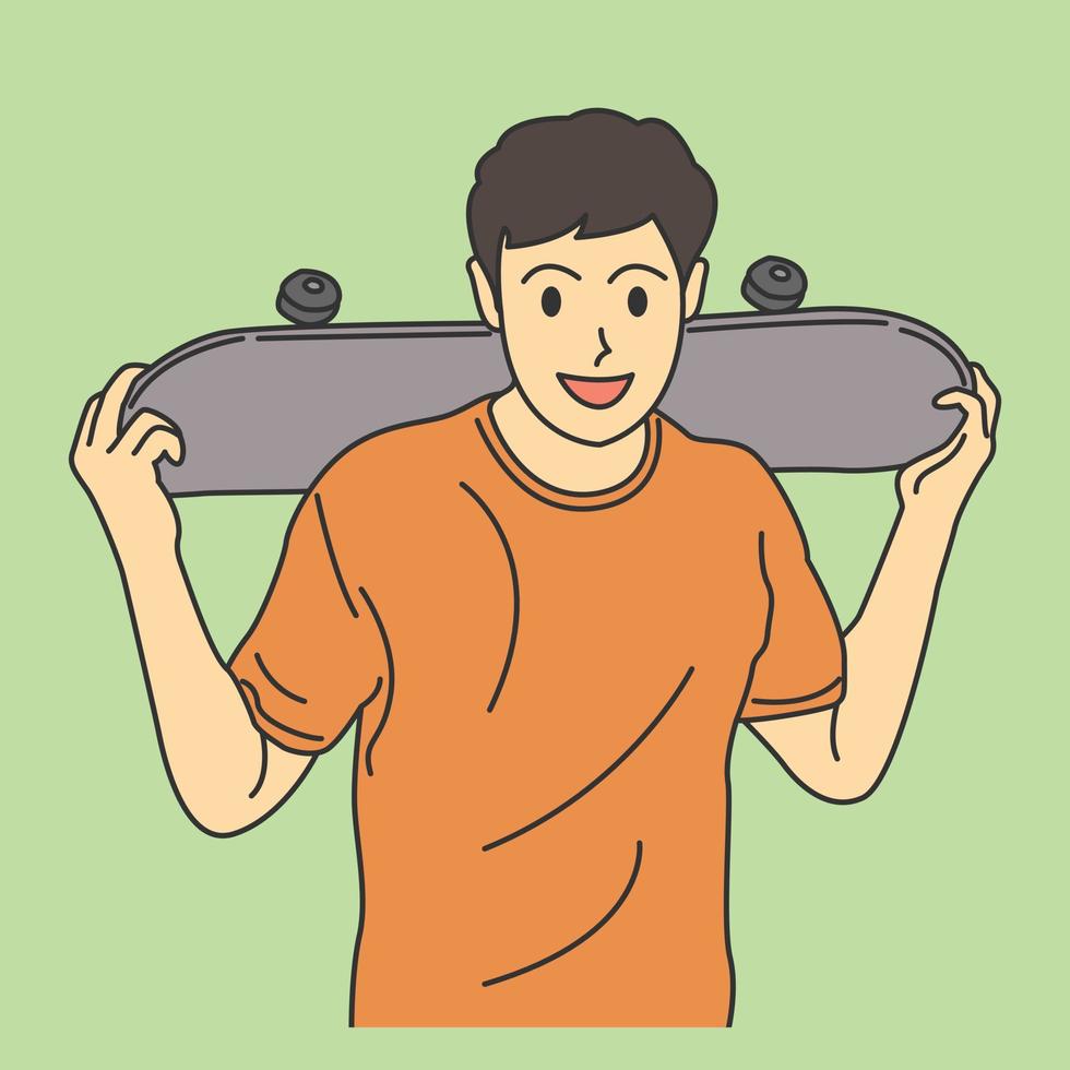 ilustração dos desenhos animados de um menino segurando um skate nos ombros vetor