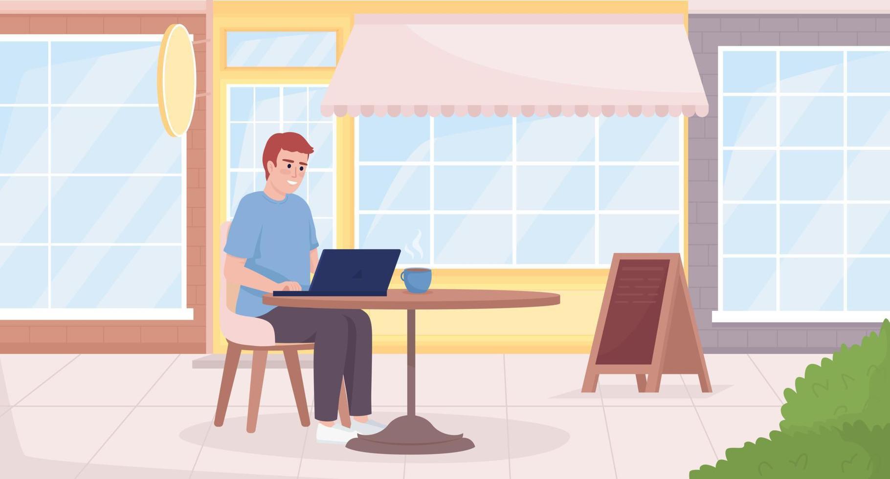 trabalhador remoto na ilustração em vetor cor plana terraço café. homem com laptop. freelancer masculino fora do café. personagens de desenhos animados simples 2d totalmente editáveis com café exterior no fundo