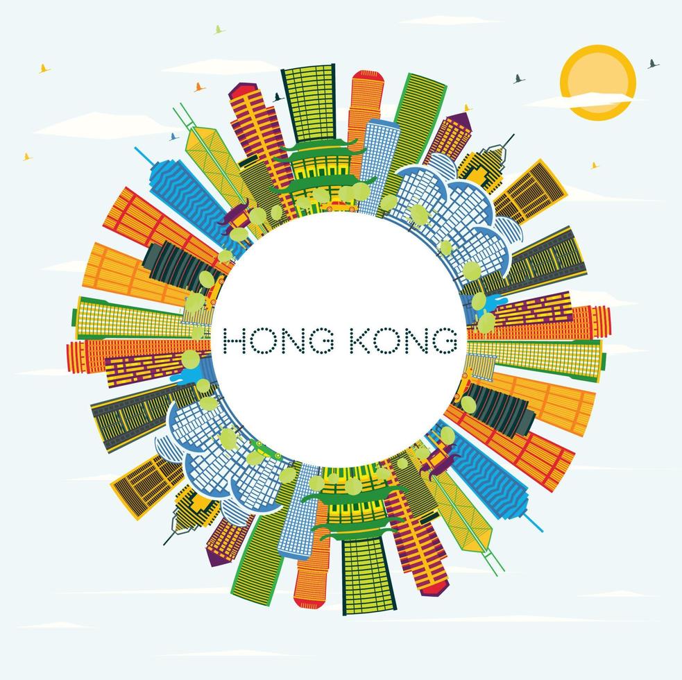 Horizonte da cidade de Hong Kong China com edifícios coloridos, céu azul e espaço de cópia. vetor