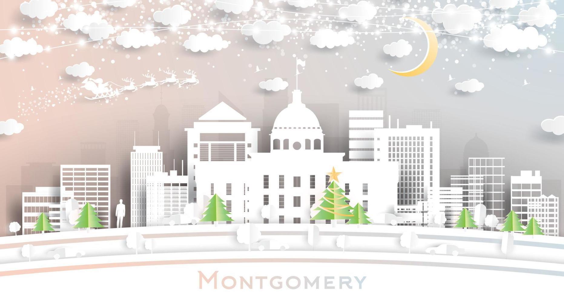 horizonte da cidade de montgomery alabama eua em estilo de corte de papel com flocos de neve, lua e guirlanda de néon. vetor