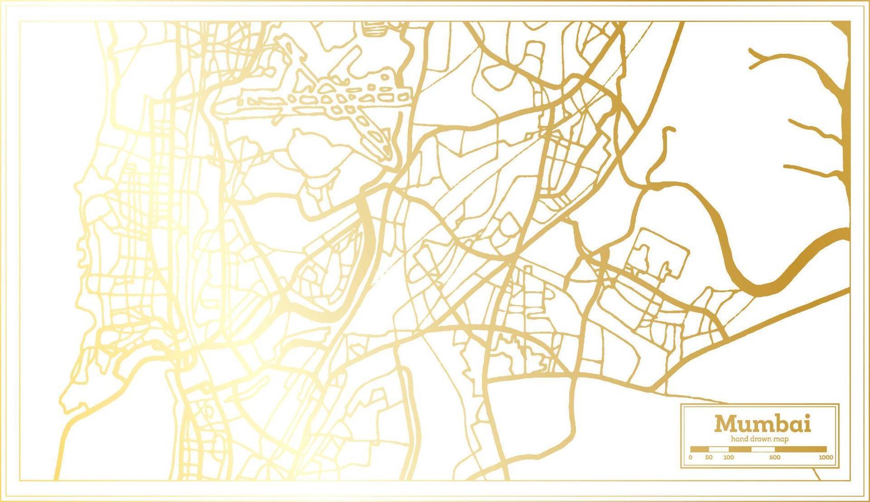 mapa da cidade de mumbai índia em estilo retrô na cor dourada. mapa de contorno. vetor