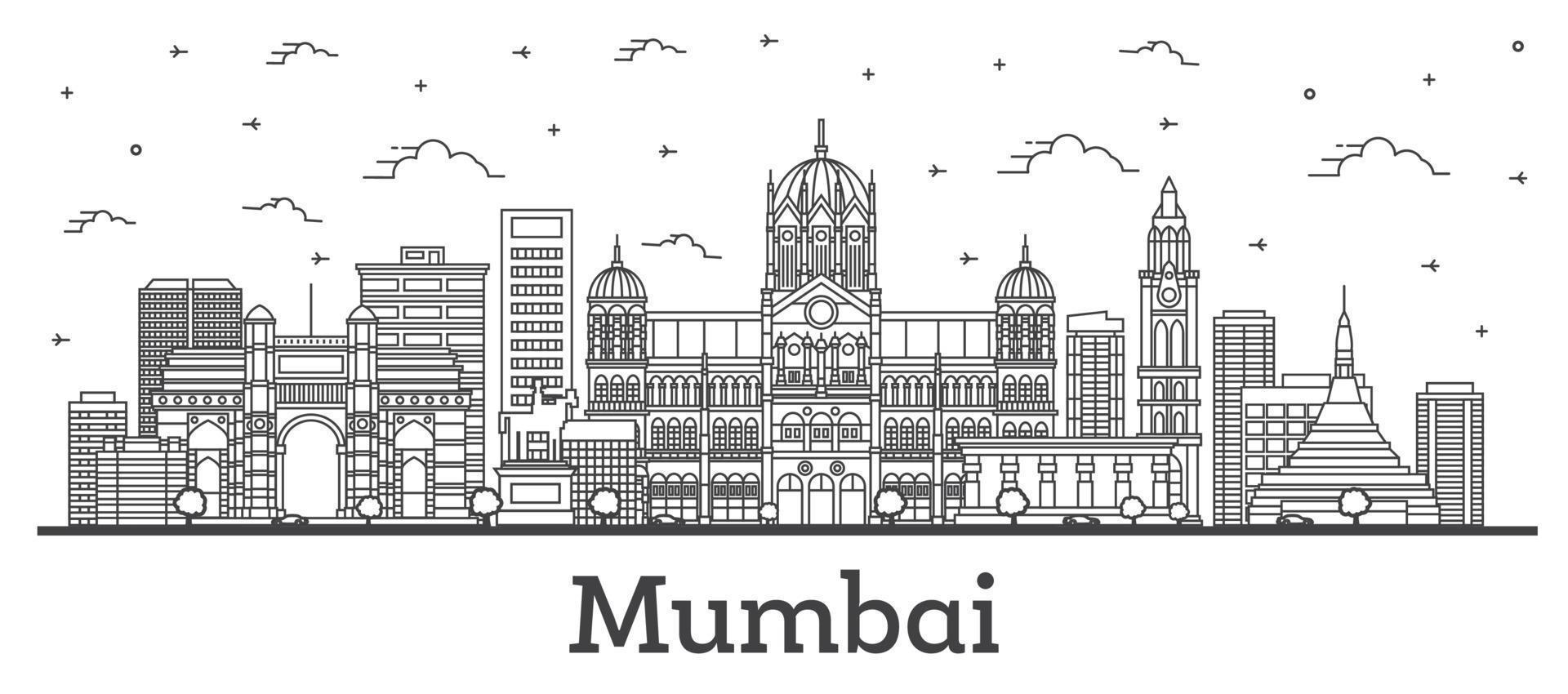 delinear o horizonte da cidade de mumbai índia com edifícios históricos isolados no branco. vetor