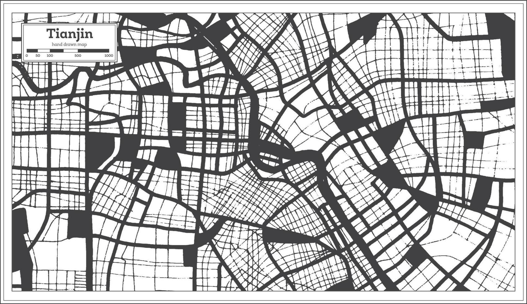 mapa da cidade de tianjin china na cor preto e branco em estilo retrô. mapa de contorno. vetor