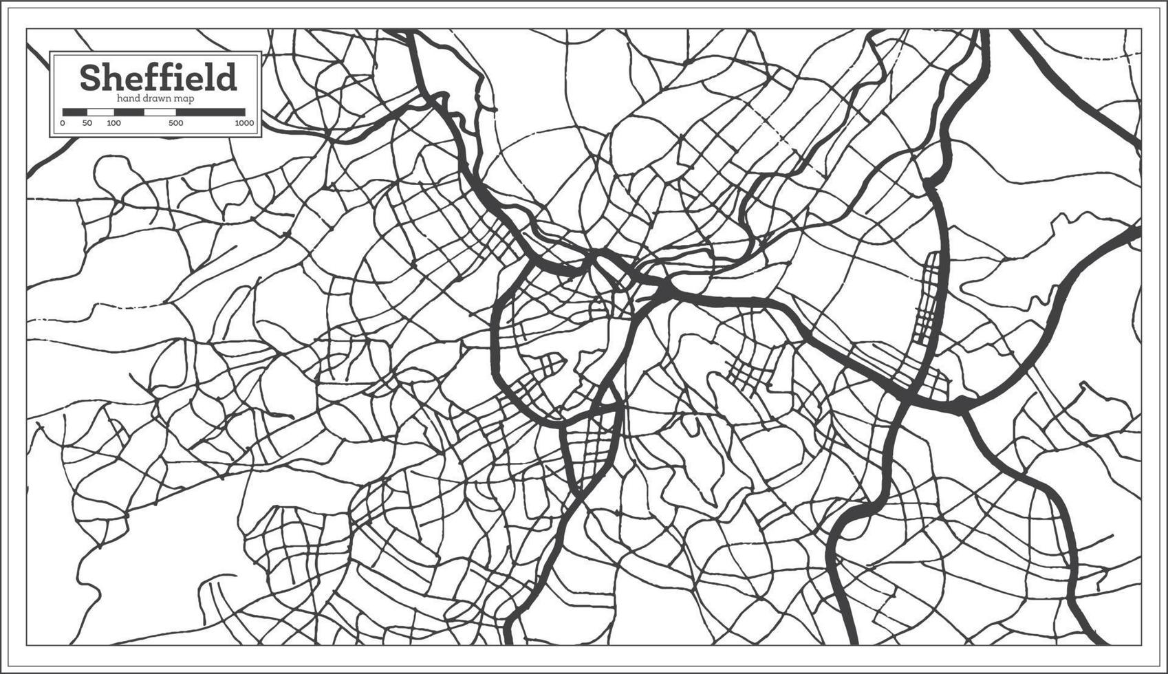 mapa da cidade de sheffield grã-bretanha na cor preto e branco no estilo retrô. mapa de contorno. vetor