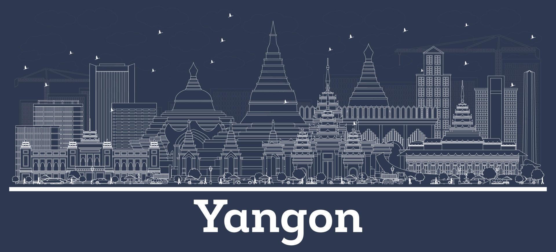 delineie o horizonte da cidade de yangon myanmar com edifícios brancos. vetor