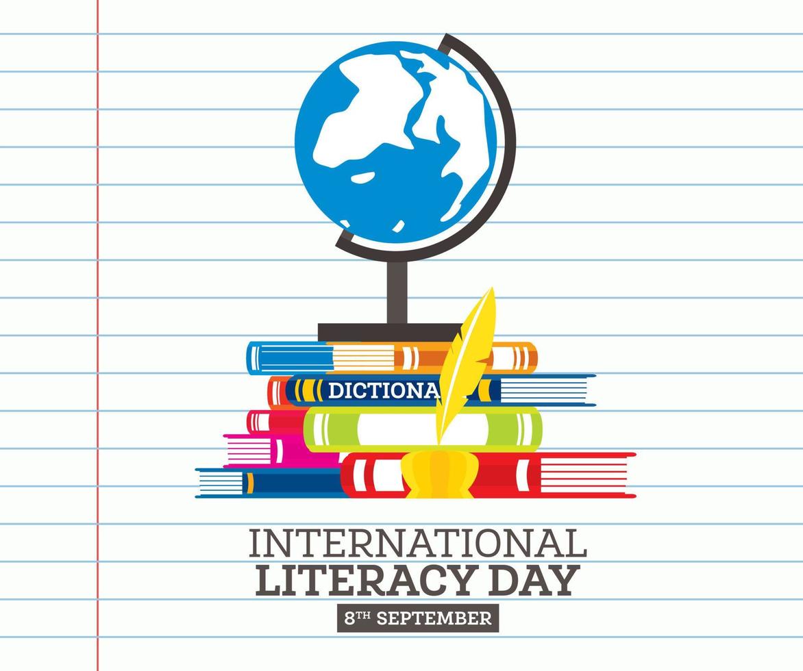 cartaz do dia internacional da alfabetização com pilha de livros e caneta de pena. conceito de educação. vetor