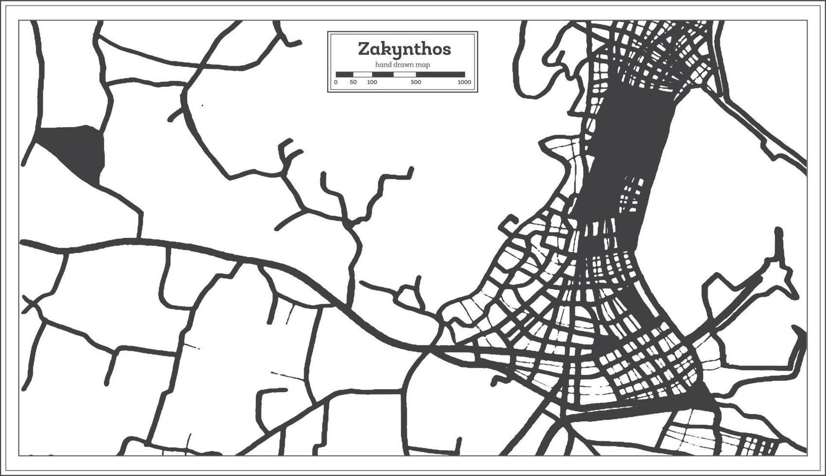 mapa da cidade de zakynthos grécia na cor preto e branco em estilo retrô. mapa de contorno. vetor