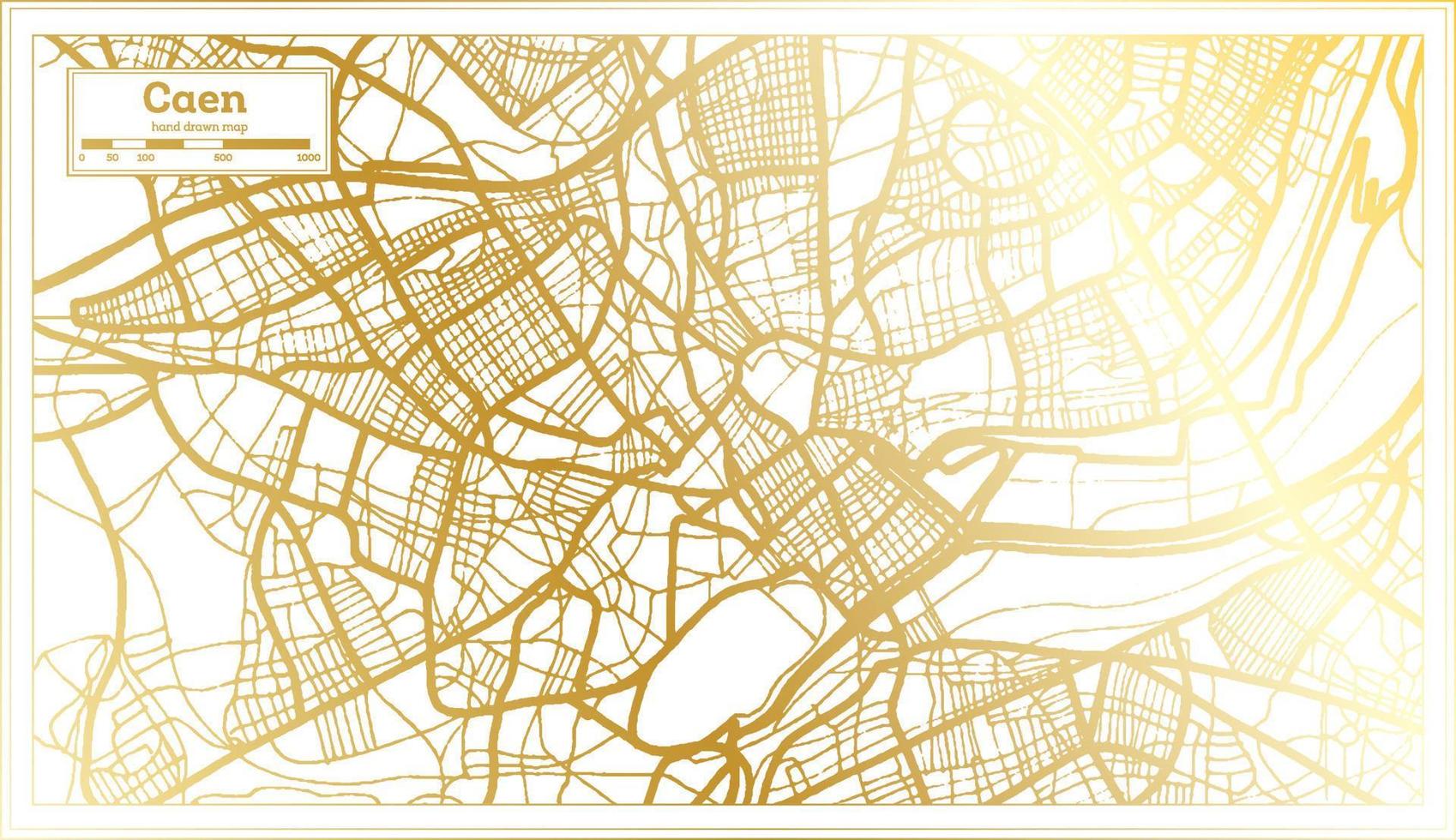 mapa da cidade de caen frança em estilo retrô na cor dourada. mapa de contorno. vetor