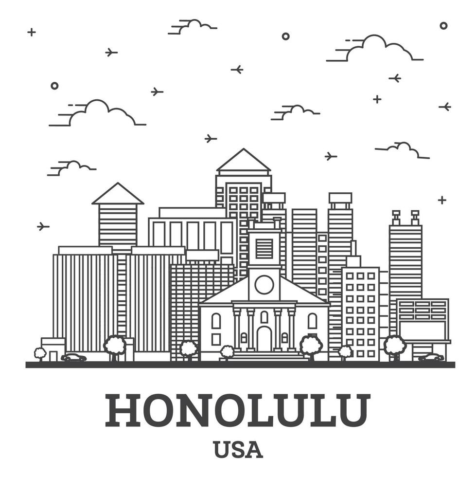 Esboce o horizonte da cidade de Honolulu Havaí EUA com edifícios modernos isolados no branco. vetor