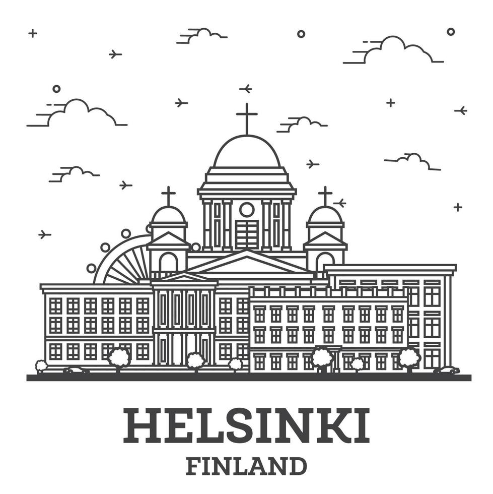 delineie o horizonte da cidade de helsinque finlandesa com edifícios históricos isolados no branco. vetor