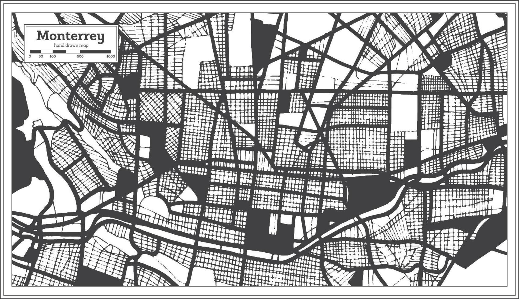 mapa da cidade de monterrey méxico na cor preto e branco em estilo retrô. mapa de contorno. vetor