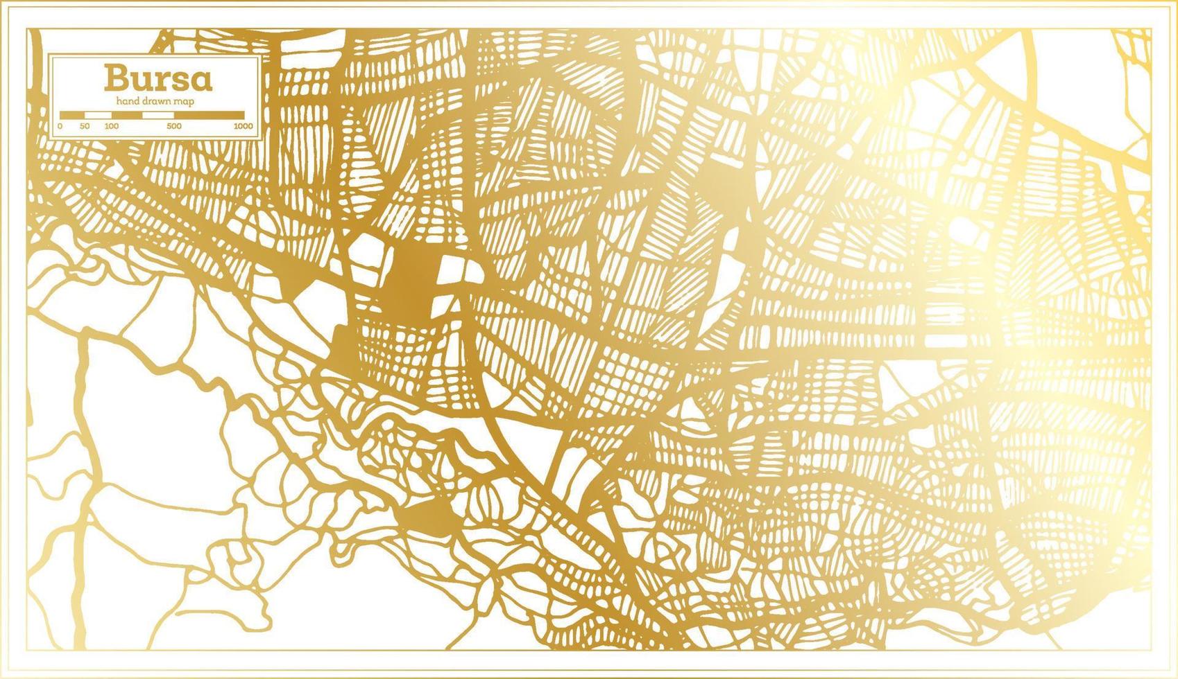 Mapa da cidade de Bursa Turquia em estilo retrô na cor dourada. mapa de contorno. vetor