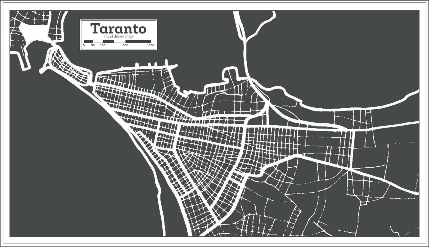 Mapa da cidade de Taranto Itália na cor preto e branco em estilo retrô. mapa de contorno. vetor