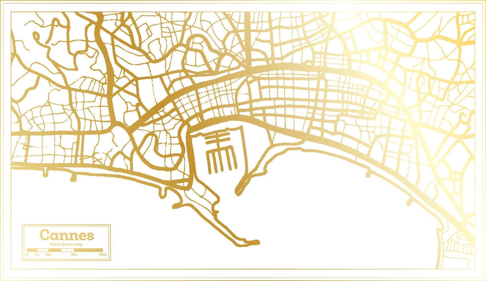 mapa da cidade de cannes frança em estilo retrô na cor dourada. mapa de contorno. vetor