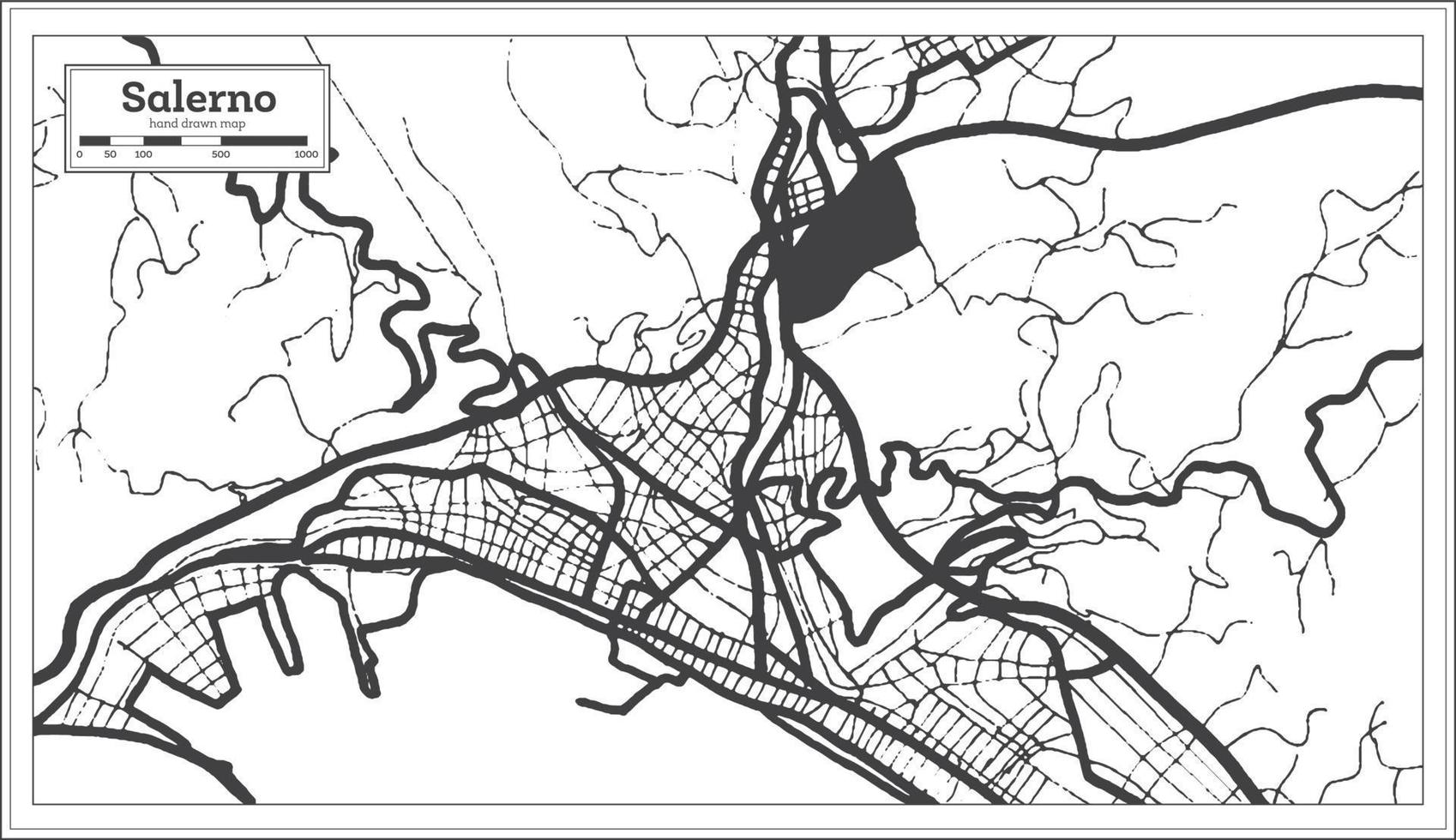 mapa da cidade de salerno itália na cor preto e branco em estilo retrô. mapa de contorno. vetor