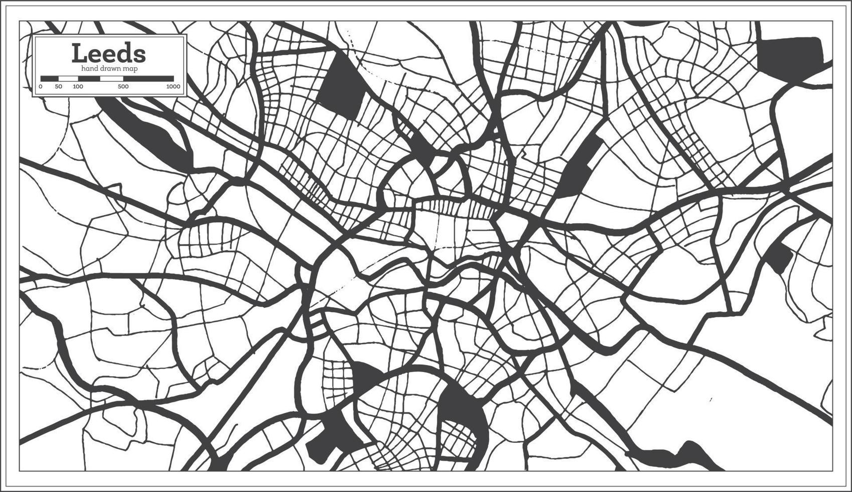 mapa da cidade de leeds grã-bretanha na cor preto e branco em estilo retrô. mapa de contorno. vetor