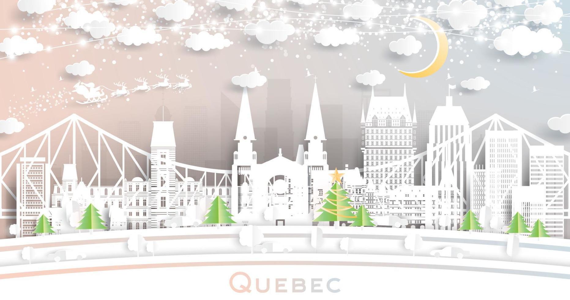 skyline da cidade de quebec canadá em estilo de corte de papel com flocos de neve, lua e guirlanda de néon. vetor