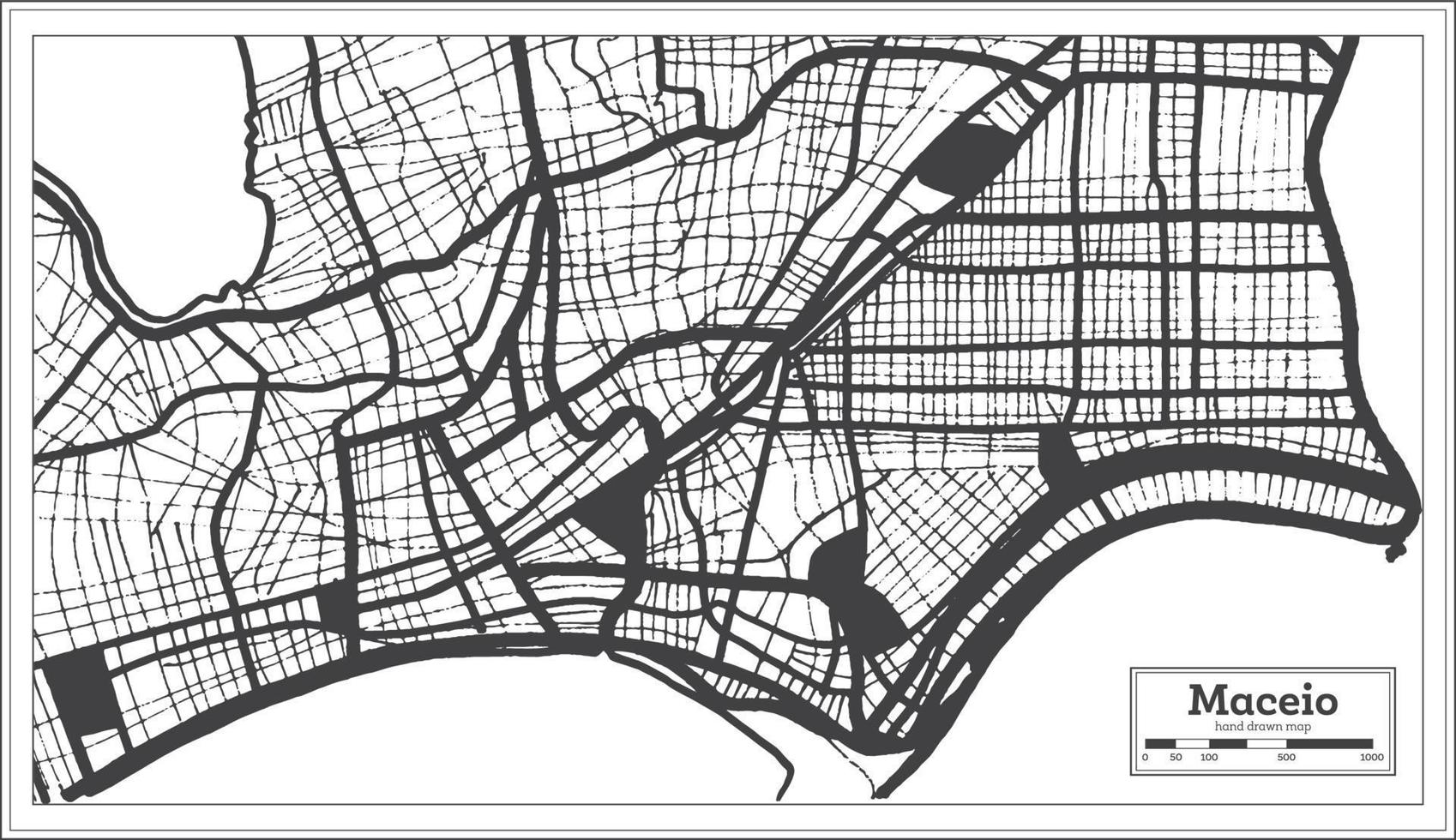 mapa da cidade de maceio brasil na cor preto e branco no estilo retrô. mapa de contorno. vetor
