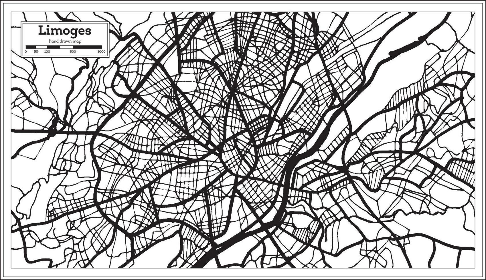 mapa da cidade de limoges frança na cor preto e branco em estilo retrô. mapa de contorno. vetor