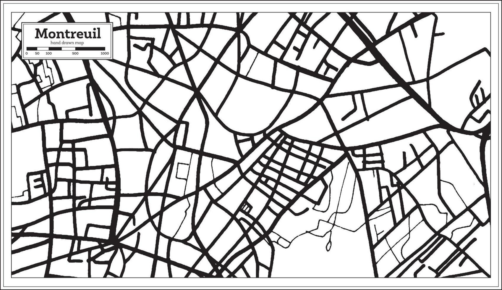 mapa da cidade de montreuil frança na cor preto e branco em estilo retrô. mapa de contorno. vetor