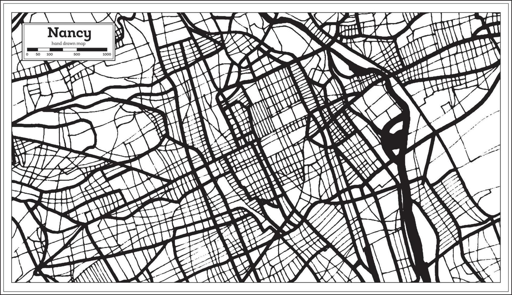 mapa da cidade de nancy frança na cor preto e branco em estilo retrô. mapa de contorno. vetor