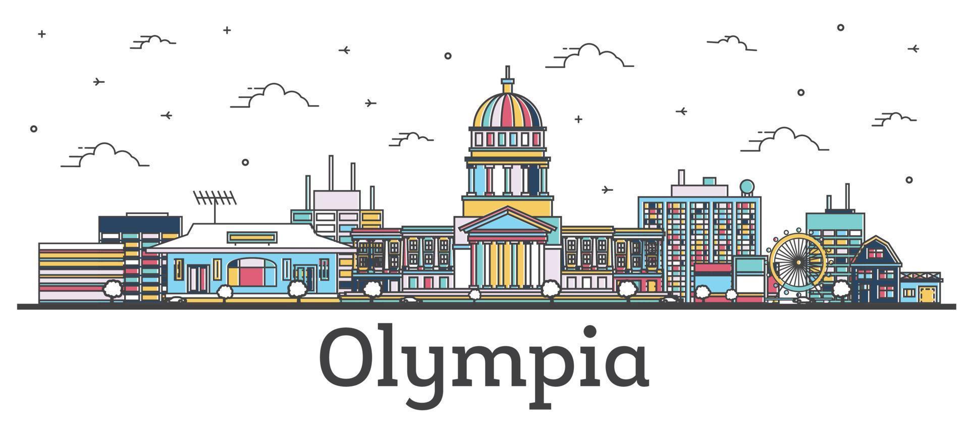 delineie o horizonte da cidade de olympia washington com edifícios coloridos isolados em branco. vetor