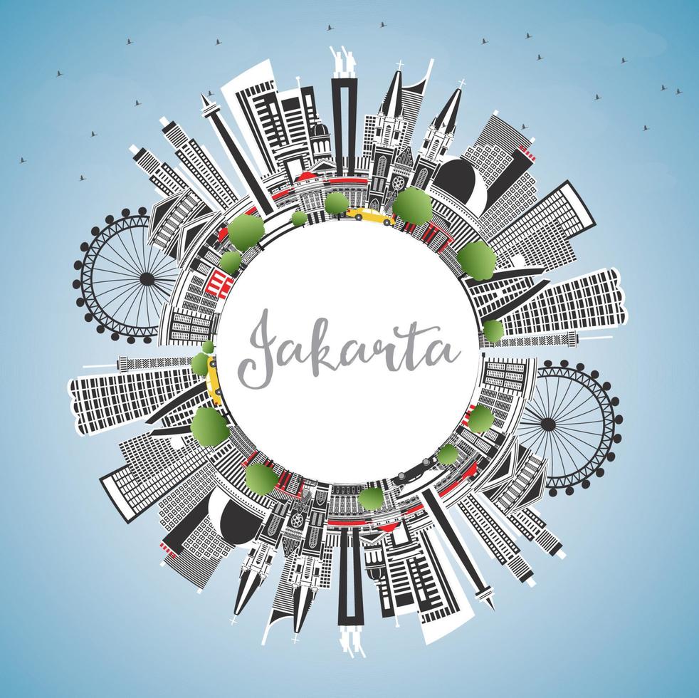 horizonte da cidade de jacarta indonésia com edifícios cinza, céu azul e espaço de cópia. vetor