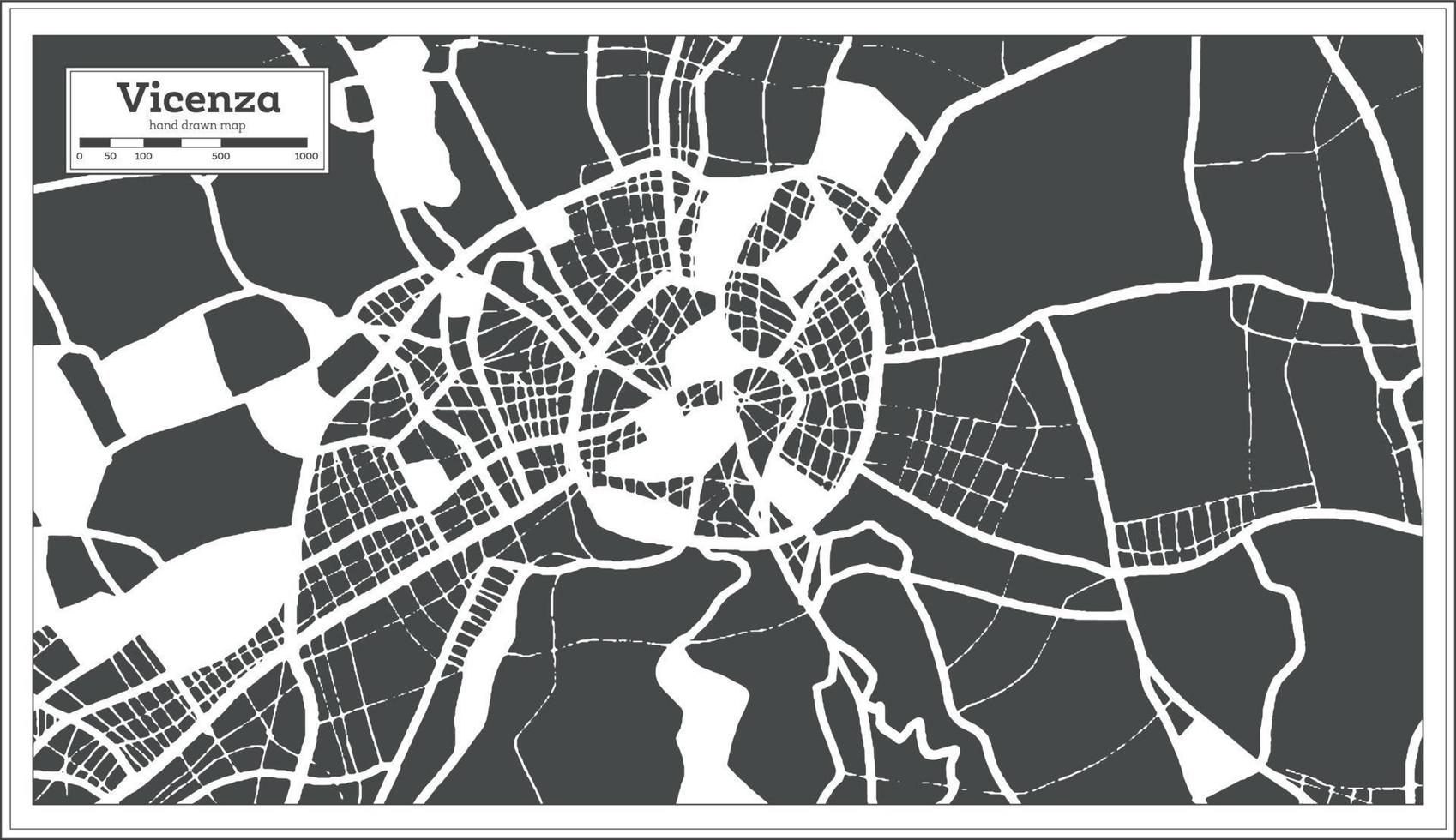mapa da cidade de vicenza itália na cor preto e branco em estilo retrô. mapa de contorno. vetor