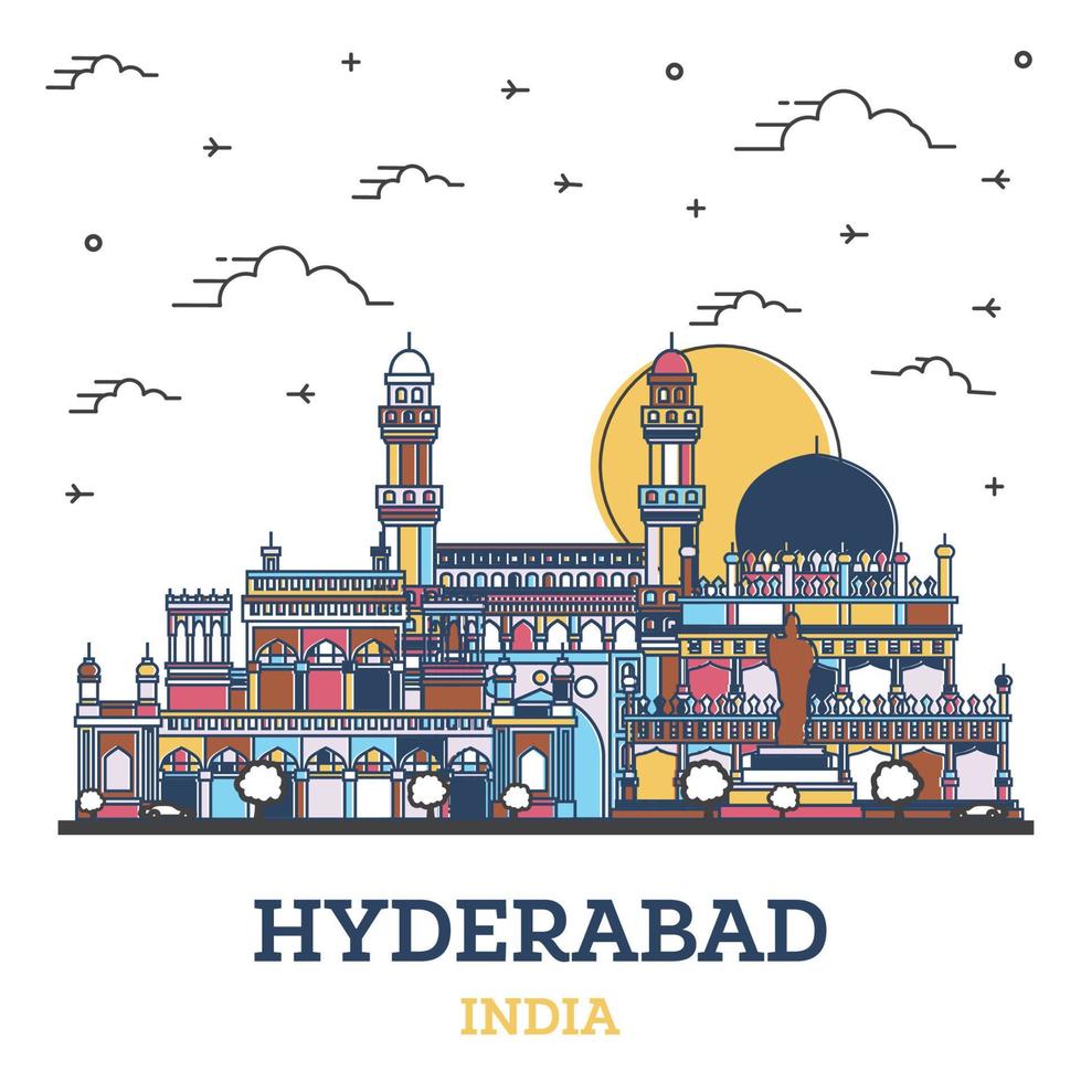 delinear o horizonte da cidade de hyderabad índia com edifícios históricos coloridos isolados no branco. vetor