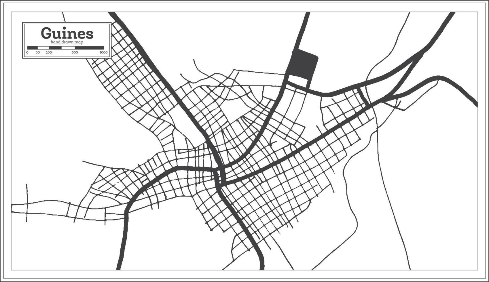 mapa da cidade de guinés cuba na cor preto e branco no estilo retrô. mapa de contorno. vetor
