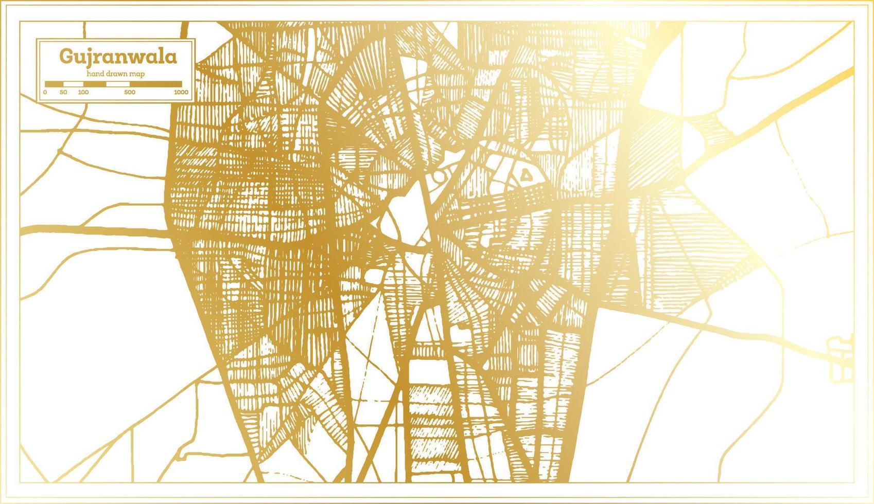 mapa da cidade de gujranwala paquistão em estilo retrô na cor dourada. mapa de contorno. vetor