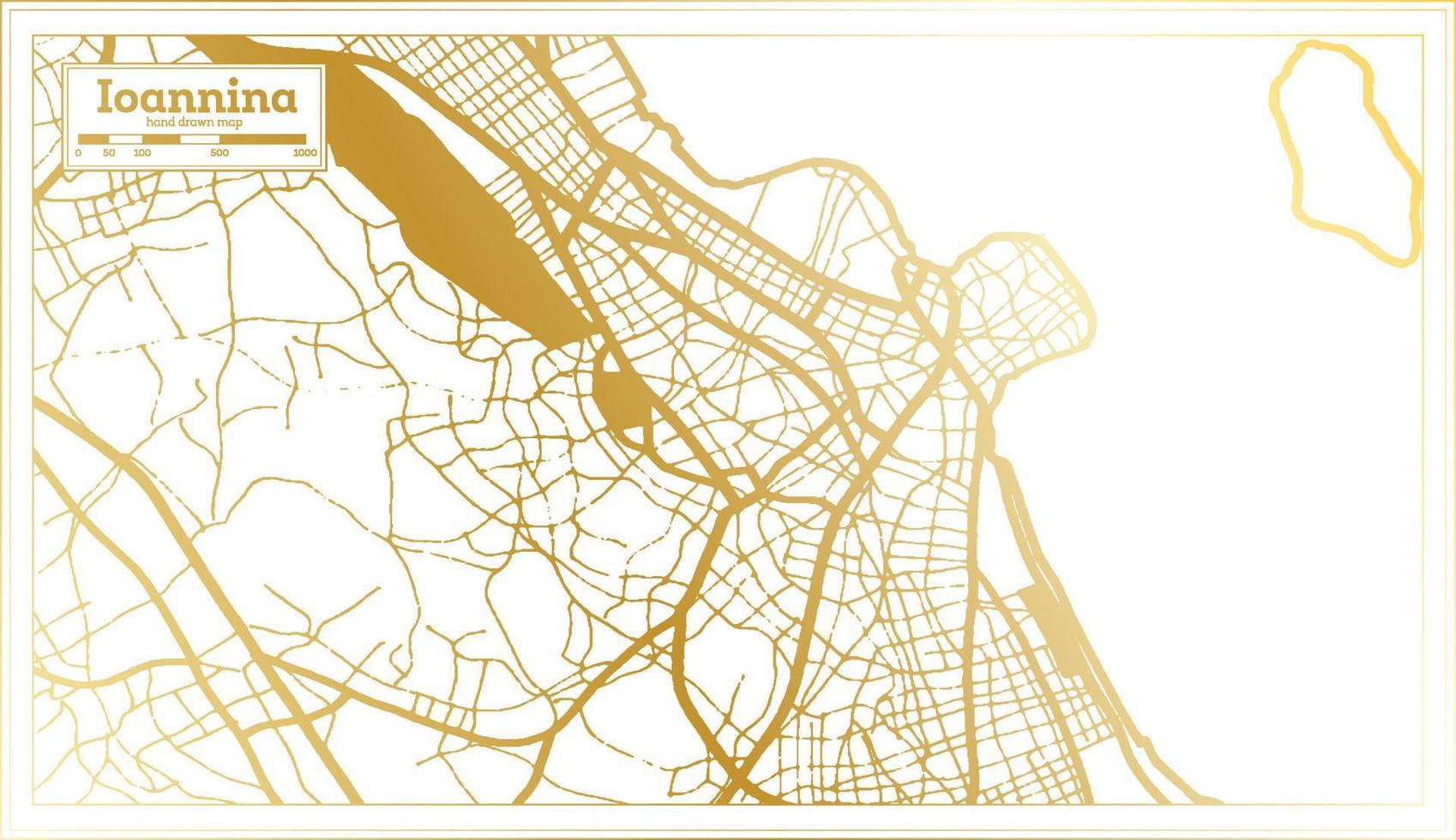 Mapa da cidade de Ioannina Grécia em estilo retrô na cor dourada. mapa de contorno. vetor